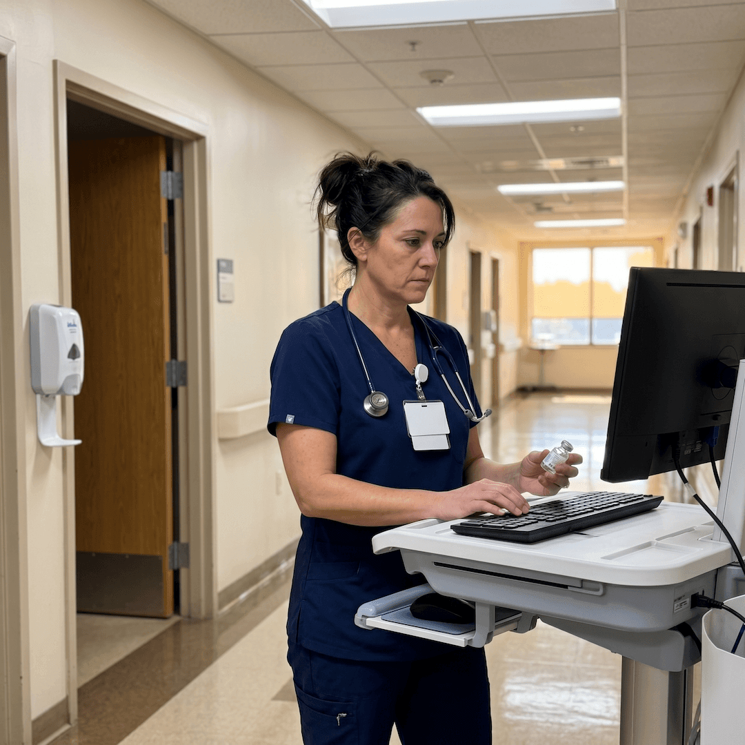 Nurse mid-shift at a med cart, charting